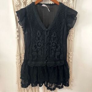 Pretty Angel SZ SM Black Linen Blend Crochet Lace Whimsygoth Boho Layering Top